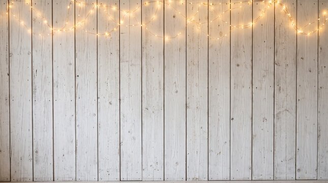 Rustic wooden plank background with warm glowing string lights for festive holiday decoration