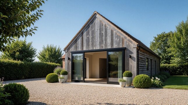 Rustic barn conversion home features weathered timber siding pitched roof and large sliding doors opening to garden. Gravel paths and manicured hedges surround property.
