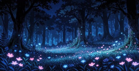 Fototapeta premium Magical anime forest at night with glowing flowers and fireflies. Dark woodland scene with luminous plants and deep blue hues create a fantasy atmosphere for storytelling.