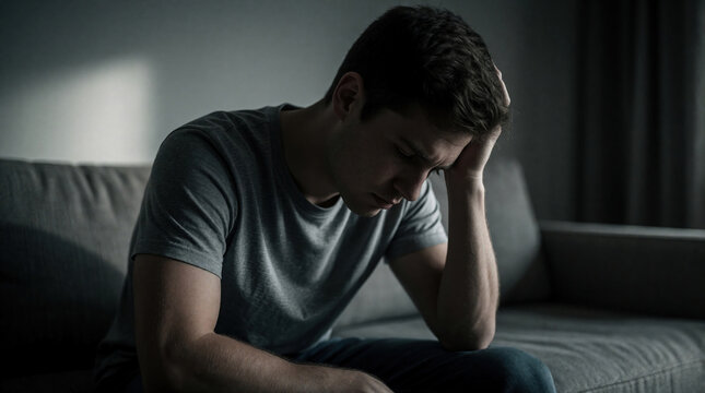 Young man sits alone on sofa in dark room. Sad male looks down with depressed face expression. Lonely guy feels mental health issues like stress anxiety. Person suffers from grief, solitude in dimly