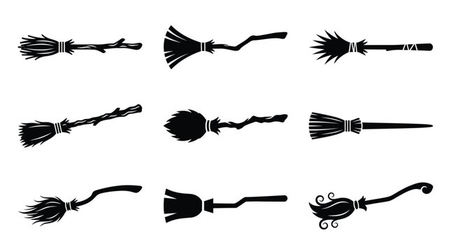 Collection of nine black silhouette witch broomsticks featuring various wooden handles and bristled designs isolated on a plain white background