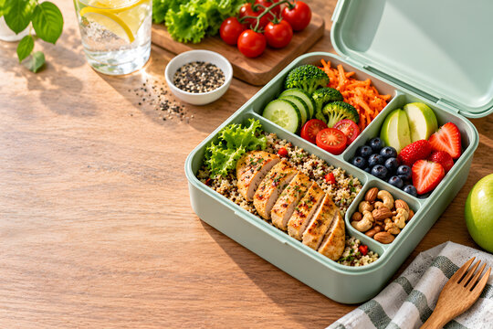 Healthy lunch bento box with grilled chicken quinoa and fresh vegetables