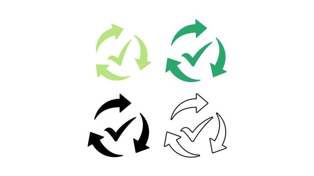 Checkmark and circular arrow refresh icons set for business process and task completion status