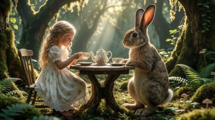 Fototapeta premium Girl has tea party with rabbit in magical forest. Sunlight streams through trees as they sit at a small table with teapot and cups. Whimsical scene unfolds in nature.