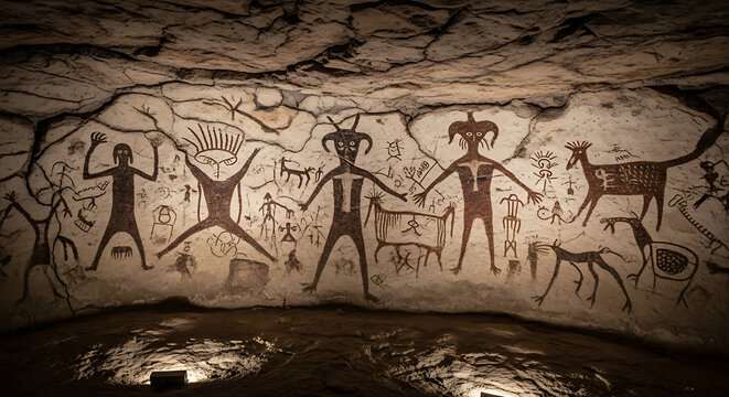 Prehistoric cave art with ancient petroglyphs and tribal drawings of human figures and animals on a stone wall