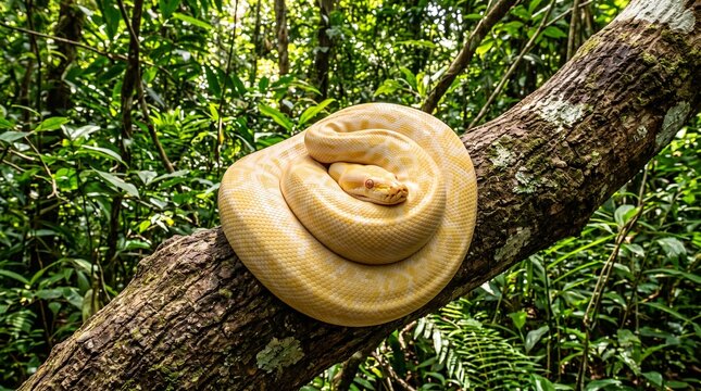 Cream colored snake coiled on a tree branch in jungle.