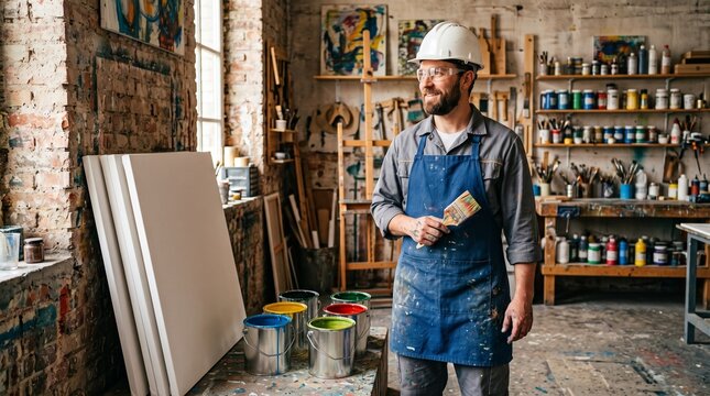 Painter in studio with paint cans and money.