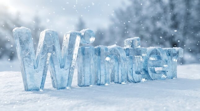 Winter Word Carved From Ice Blocks in Snowy Landscape During Snowfall