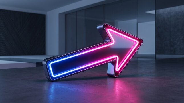Neon arrow sign glowing in blue and pink indoors.