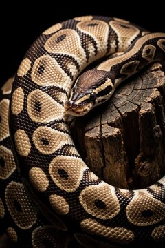 Ball python coils on weathered tree stump. Its intricate scales display earthy tones of brown, tan, and black. Reptile rests against dark backdrop, showing reptile scales and texture.