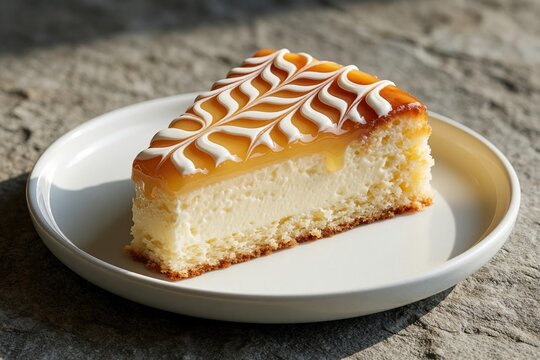 Delicious caramel trilece cake slice on white plate. Traditional Turkish milk dessert with sweet caramel topping, cream layer. Tasty sponge cake piece served on stone background. Gourmet pastry treat