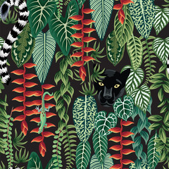 Obraz premium Tropical exotic flower, palm leaves, panther, lemur, lizard seamless pattern black background. Exotic jungle wallpaper. 
