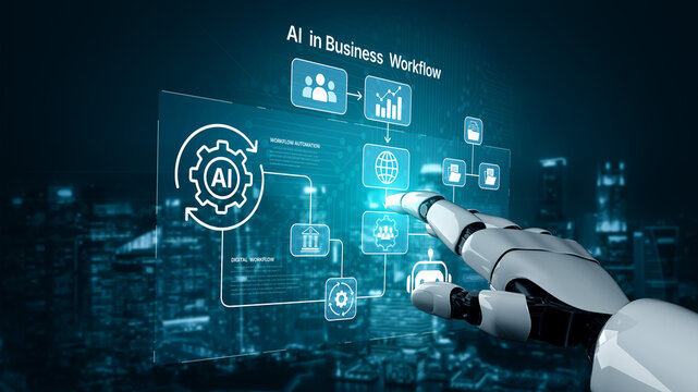 Futuristic robotic hand engages with an advanced AI business workflow displayed on a digital interface, showcasing innovative data analytics and interactive technology concepts. Nascent