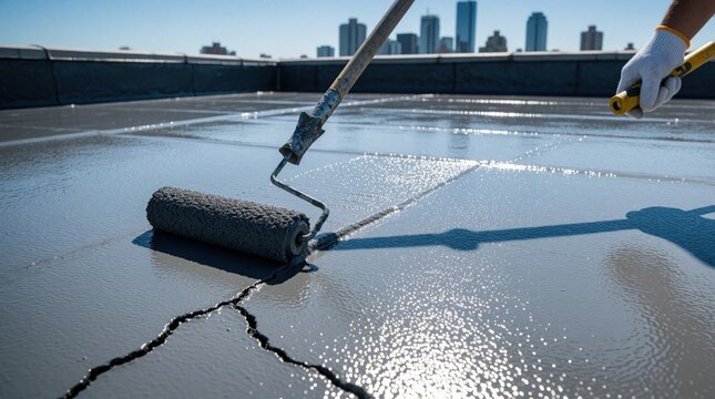 Worker applies eco friendly polymeric coating on flat roof using roller. Professional repair small cracks with liquid sealant to prevent leaks. Construction process for home maintenance,