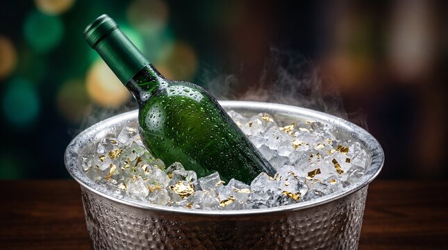 Green bottle of sparkling wine chilling in ice bucket with gold flakes and steam, festive bokeh background