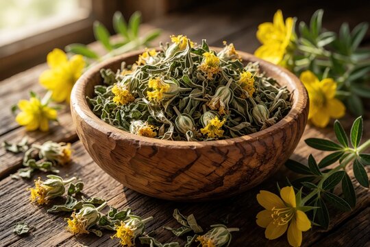 Dried Tribulus terrestris plant with yellow flowers in wooden bowl. Used for herbal medicine and wellness. Natural remedy ingredient on rustic table background.