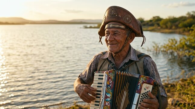 Idoso vaqueiro nordestino com chap&eacute;u de cangaceiro tocando sanfona &agrave; beira do rio ao p&ocirc;r do sol