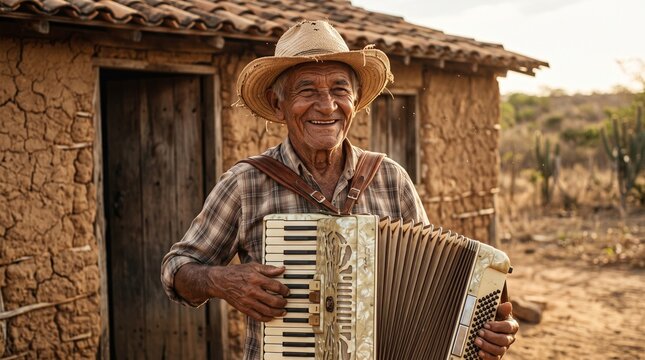 Idoso nordestino sorridente com chap&eacute;u de palha tocando sanfona em frente a casa de taipa no sert&atilde;o