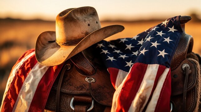 Brown leather cowboy hat sits on western saddle with American flag. Patriotic US flag draped over horse gear during golden hour sunset. Vintage ranch style equipment in rural countryside landscape.