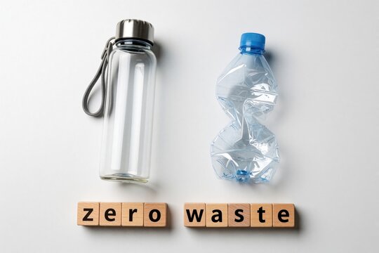 Reusable glass bottle stands next to crushed plastic water bottle on white background. Wooden blocks show zero waste text. Comparison between sustainable glass, single use plastic waste for eco