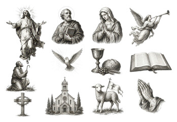 Obraz premium PNG Vintage Christian religious symbols and sacred illustration set