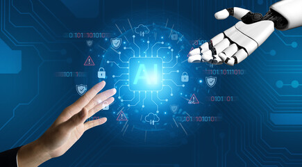 Fototapeta premium Cybersecurity concept featuring an AI detector scanning digital content for deepfakes and authenticity. Represents copyright protection, fake news prevention, and C2PA content credentials. Corpus