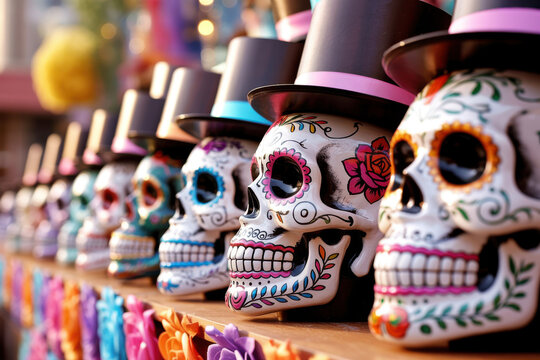 Decorative sugar skulls wearing top hats for day of dead celebration art