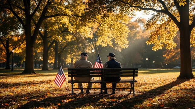 Two veterans sit on park bench with US flags, reminiscing in autumn sunlight. Friends share stories and memories honoring fallen comrades, reflecting on past sacrifices together.