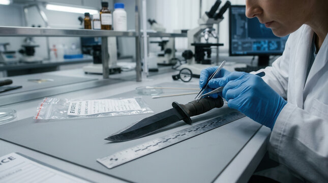 Forensic Scientist Examines Evidence Knife With Tweezers In A Laboratory Setting