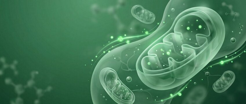 High-definition 3D rendering of multiple mitochondria, the cellular powerhouses, showing internal cristae structures floating in a dark green biological fluid with abstract molecules