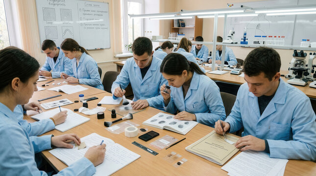 Forensic Science Students In Classroom Studying Fingerprints And Evidence