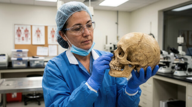 Forensic Scientist Examining Human Skull In Laboratory Research Setting