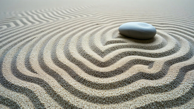 Minimalist zen garden sand pattern with heart shaped rake lines and smooth white stone pebble for tranquility meditation and mindfulness concept.