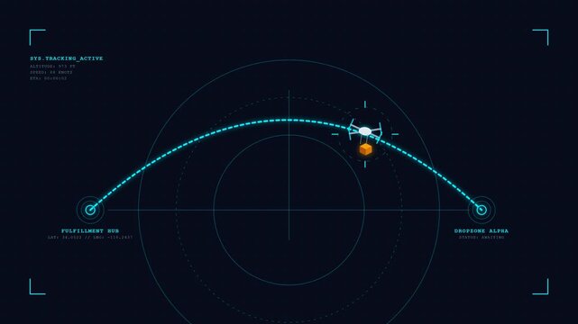4K 16:9 premium sci-fi HUD animation featuring a smart delivery drone flying along a glowing trajectory path on a radar map. Perfect for modern logistics, e-commerce tracking, and futuristic supply ch