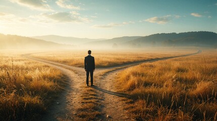 Obraz premium Lone man in business suit stands at dirt road crossroads in misty field. Businessman faces split paths during golden hour. Concept of life decision, career choice, future direction, personal journey