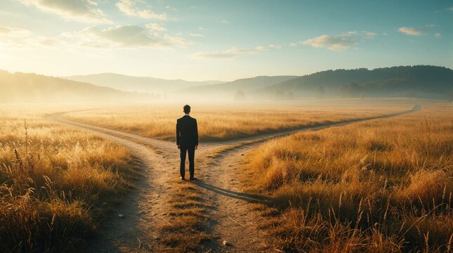 Lone man in business suit stands at dirt road crossroads in misty field. Businessman faces split paths during golden hour. Concept of life decision, career choice, future direction, personal journey