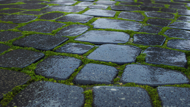 Wet cobblestone pavement with green moss growing between dark gray stones after rain creating textured natural ground surface.
