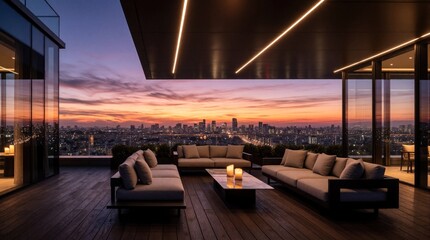 Obraz premium Luxury rooftop patio at dusk overlooks city skyline. Modern furniture and ambient lighting create serene atmosphere. Perfect for relaxing evenings and urban retreats.