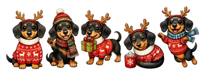 Obraz premium Cute dachshund dogs in festive Christmas sweaters and reindeer antlers, PNG transparent background