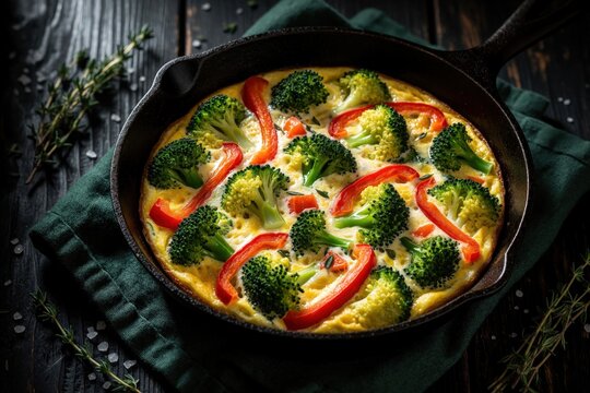 Vegetable frittata with broccoli, red pepper cooks in black cast iron skillet. Healthy egg omelet with organic veggies sits on dark wooden table. Rustic kitchen food photography with moody lighting,