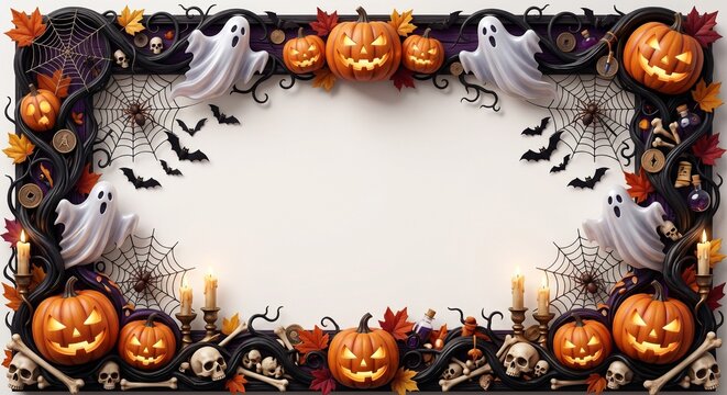 Halloween Frame with Ghosts Webs and Pumpkins