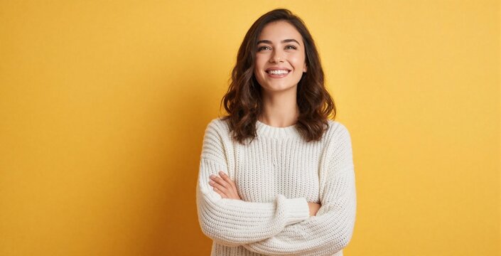 Smiling young woman with wavy hair poses against yellow background. Beautiful female model wears white knit sweater, crosses arms. Happy person looks forward with confident expression. Portrait with