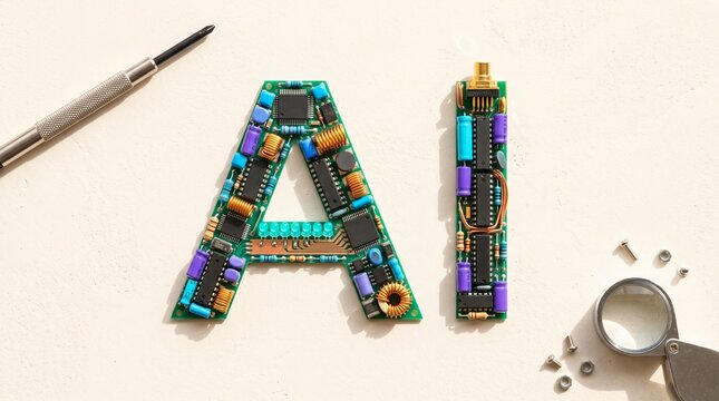 Vibrant AI Typography Crafted with electronic components, Bright Flat Lay