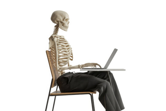 Human skeleton sitting on chair using laptop for online digital work