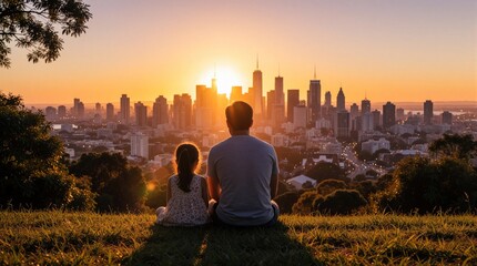 Obraz premium Father and daughter gaze at city skyline during golden hour sunset. Family sits on grass hill enjoying quiet time together looking at urban landscape view.