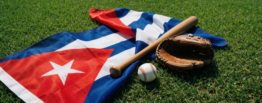 Cuban flag lies on green grass field with baseball gear. Wooden bat, leather glove, white ball rest near national symbol. Traditional sport equipment represents Cuban culture, heritage during sunny