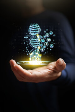 Hand holding glowing digital DNA double helix hologram with medical icons, representing genetic engineering, biotechnology research, personalized medicine, and genomics diagnostics. Vertical photo.