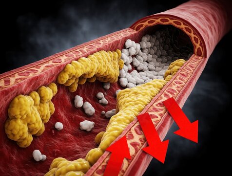 Cross-section of artery shows plaque buildup, fatty deposits, cholesterol, and blood clots reducing blood flow. Illustrates cardiovascular disease, atherosclerosis, and heart health risks.