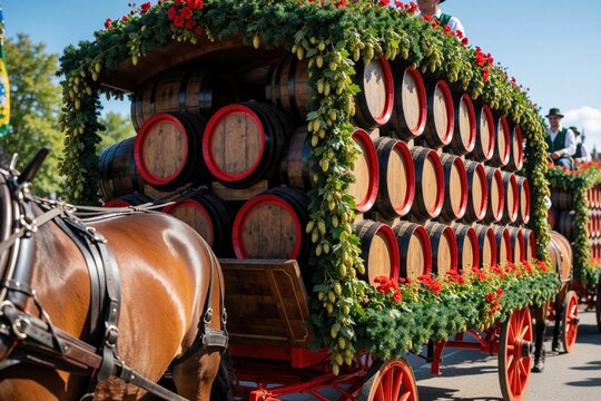Horse drawn carriage stacked high with wooden beer barrels decorated with hops and flowers. A festive parade float moves through a crowd, celebrating a traditional German festival.