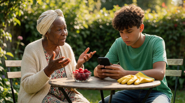 Elderly woman speaks to grandson engrossed in phone. Generation gap evident as teen ignores conversation in garden. Woman expresses concern, boy distracted by digital device outdoors.